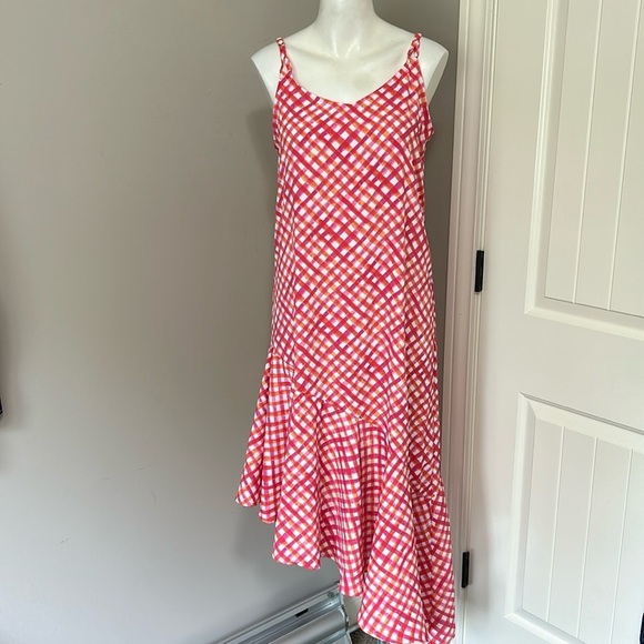 TOMMY BAHAMA Harbour Island Gingham Asymmetrical Sleeveless Beach Dress Pink Red - Picture 2 of 12